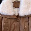 Women Thick Warm Faux Fox Fur Collar Faux Leather Winter Cotton Padded Coat