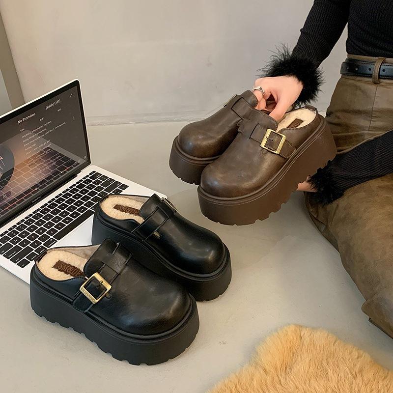 Thick-soled, Height-increasing, Half-slipper Women's Shoes with Fleece and Lazy Half-slipper
