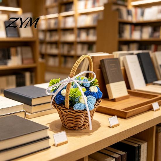 Artificial Flower Arrangement for Desk Hand Knitted Wool Basket, Decorative Mini Crocheted Floral with Simulation Art Home Ribbon, Plant Ornament