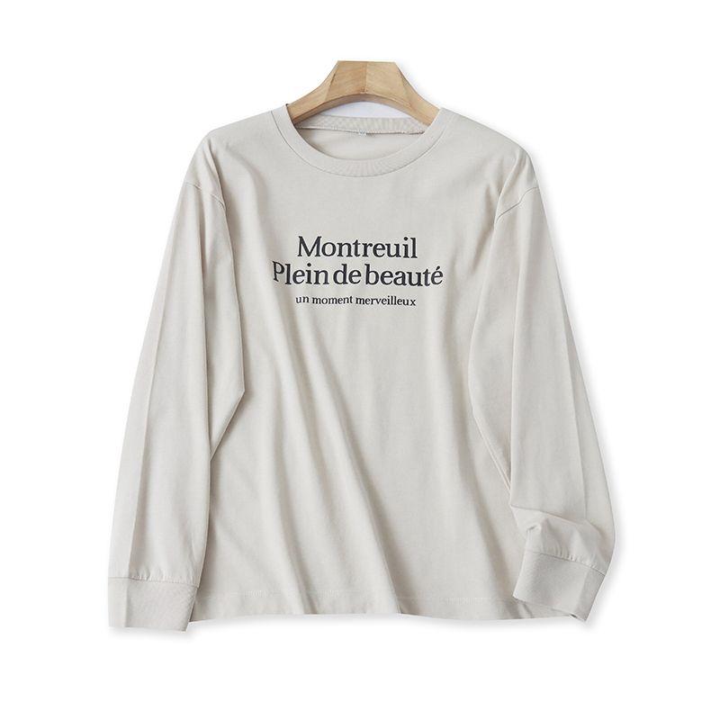 

R/16-Day Single Spring New Arrival Foreign Trade Women s Clothing Fashion Loose and Simple round Neck Pullover Long Sleeves Letter T-shirt Tops Picture Color M