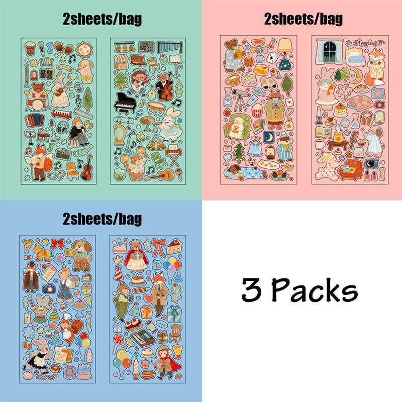 3Packs PET Cartoon Die-Cut Stickers Journal Decorative Stickers Diary Collage Cards Photo Frames Cup Card Holder