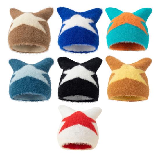 Women Hat Star Pattern Cat Ear Shape Thickened Warm Elastic Design Knitting Hat Outdoor Activities