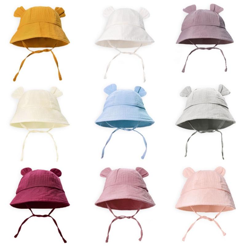 Summer Baby Comfortable Solid Color Little Hat Baby Pure Cotton Bear Ear Fisherman Hat Children Sunshade Hat