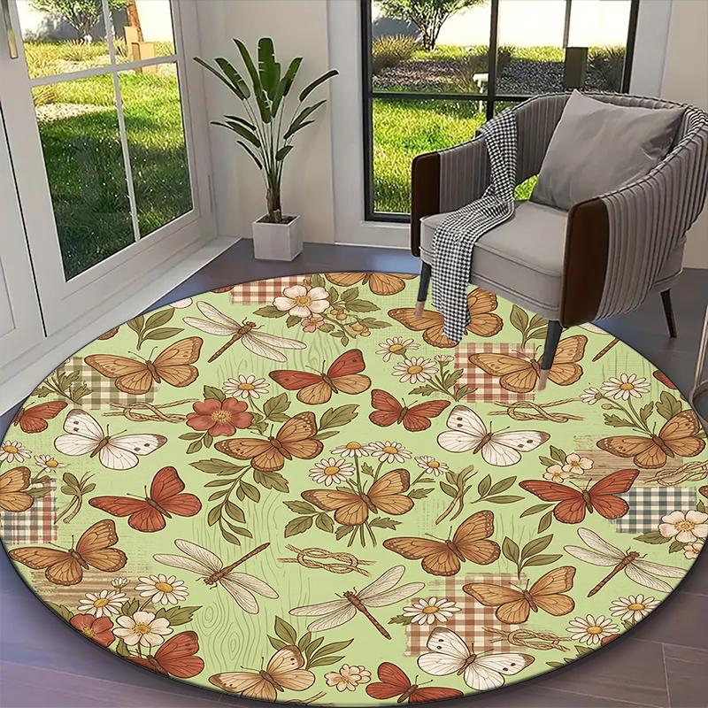 1pc Gentle Seasonal Butterfly Warmth Carpet for Room Floor Mat, Comfortable Office Chair Printed Round Rug, Beautiful Hotel Rug