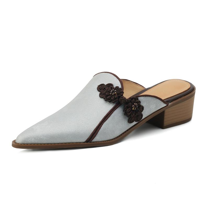 Fashion Women's New Spring/Summer Pointed Silk Cowhide Leather Embroidered Middle Heel Large Headed Muller Slippers