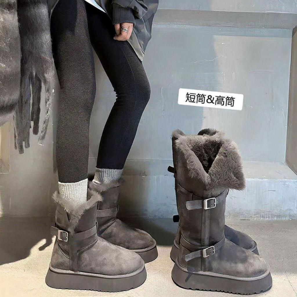 Gray snow boots women's new winter thick-soled heightening piled thickened long tube warm and non-slip cotton shoes