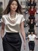 T-shirt Femme Satin Drapé Manches Courtes Style Français