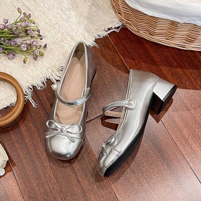 

Fashion Spring/Summer New Style Fashionable Mary Jane Shoes Shallow Round Toe Mid Heel Shoes Ladies Elegant Outdoor Single Pumps Shoes 40 серебряный