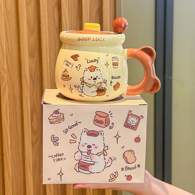 Birthday Gift Cute Cream Puppy Water Cup Girls Ceramic Mug with Lid Girlfriend Children Practical Souvenir