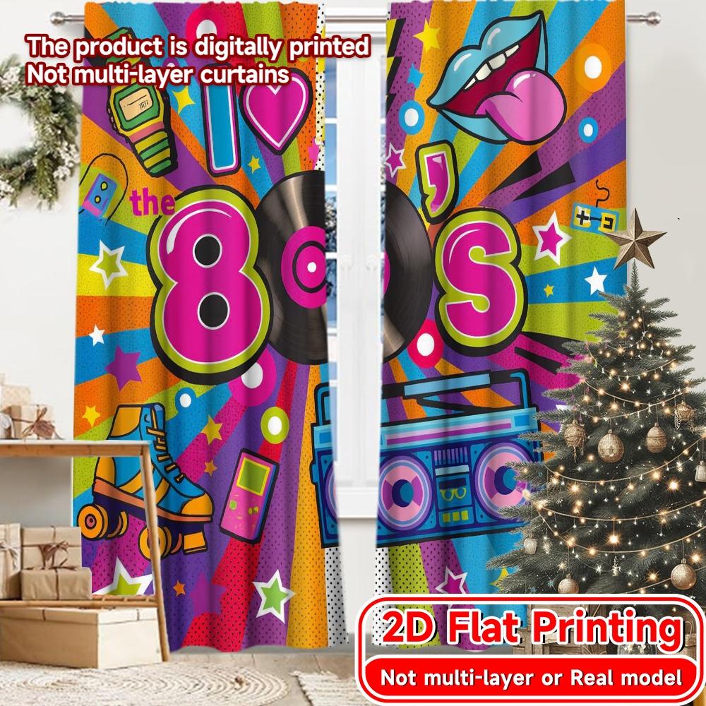 

2D Flat Printing 2pcs 80s Nostalgia Popular Light Filtering Curtains 100% Polyester Curtains Room Decor Suitable for Living 100*130 Rod Pocket 1pcs