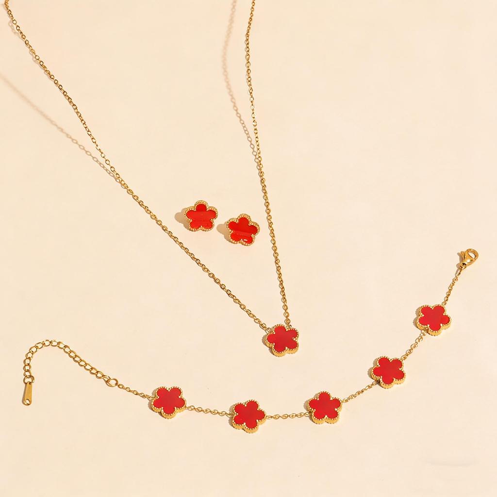 Stylish Lucky Four-Leaf Clover Jewelry Set: Titanium Steel 18K Chain Necklace, Bracelet, Earrings