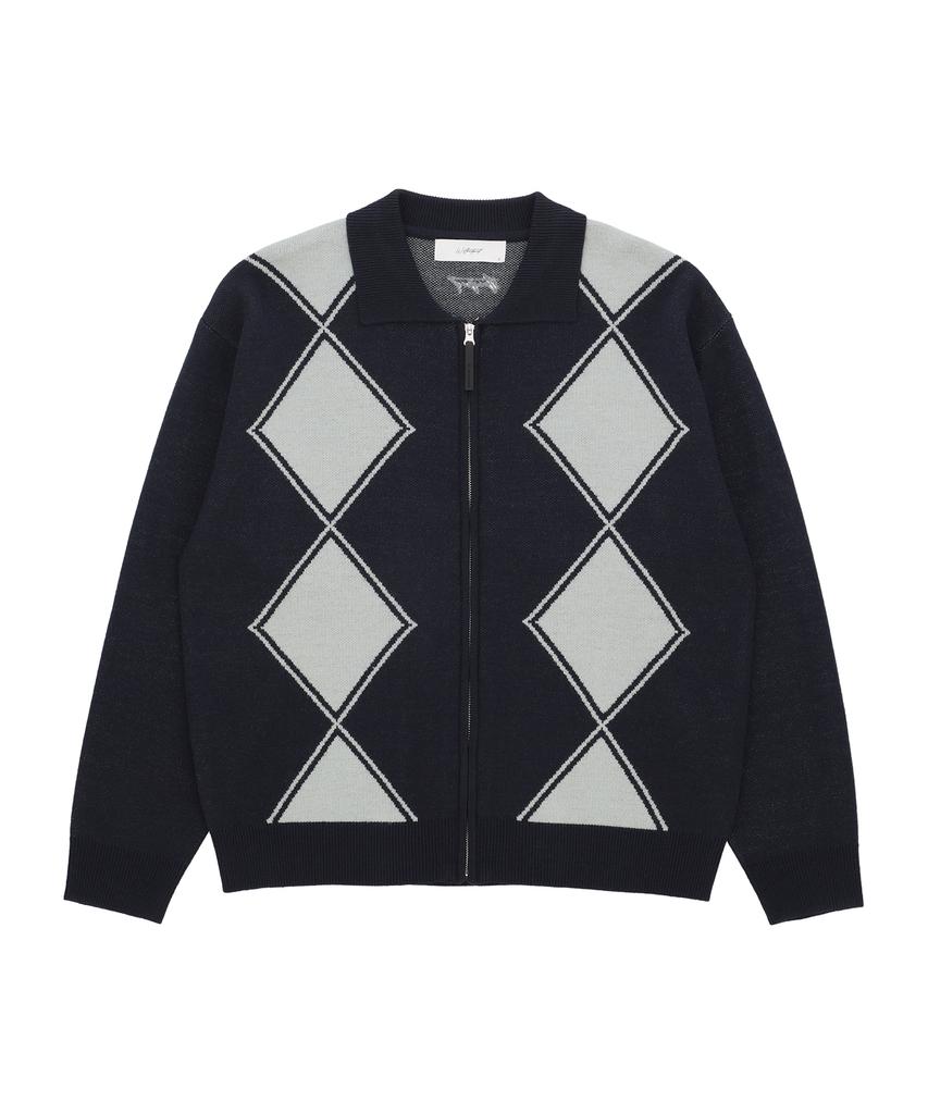 W Standard Argyle Collared Zip-Up Cardigan [2 Colors]