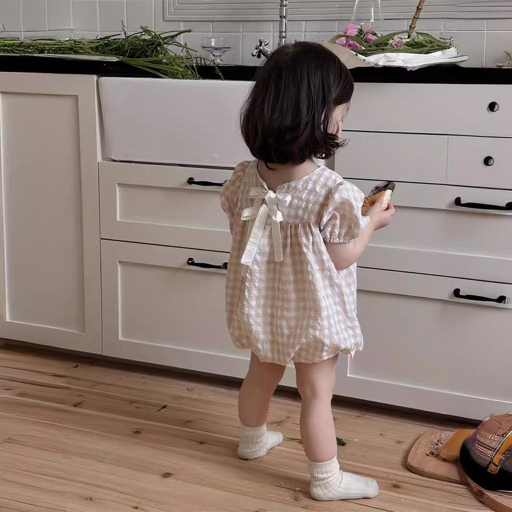 Summer Girl Baby Plaid Thin Puff Sleeves Onesie Newborn Girls Loose Cotton Casual Bodysuit Infant Romper Kids Clothes