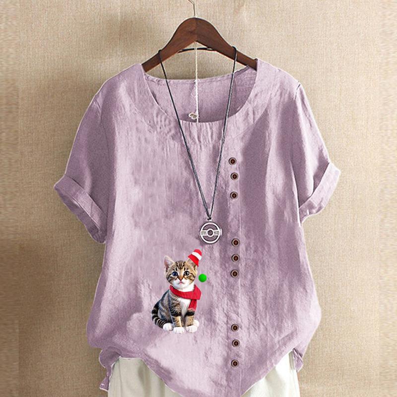 Women's Fashion Cat Prined Short Sleeve T-shirt Loose Cotton Shirt Casual Loose Summer Blouse Tops Plus Size