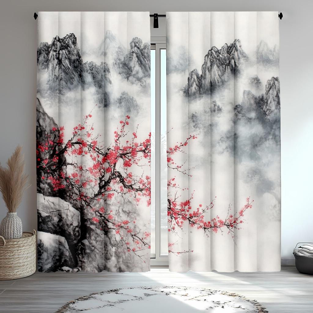 2pc Cherry Blossom Tree and Mountain Print Curtains, Polyester Fabric, Machine Washable, Suitable for Bedroom and Living Room