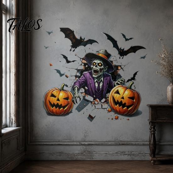 Self Adhesive Holiday Wall Art Halloween Zombie Pumpkin Bat Stickers, Waterproof PVC 3D Cracked Decals, Peel Durable Window Decals for Home And Stick