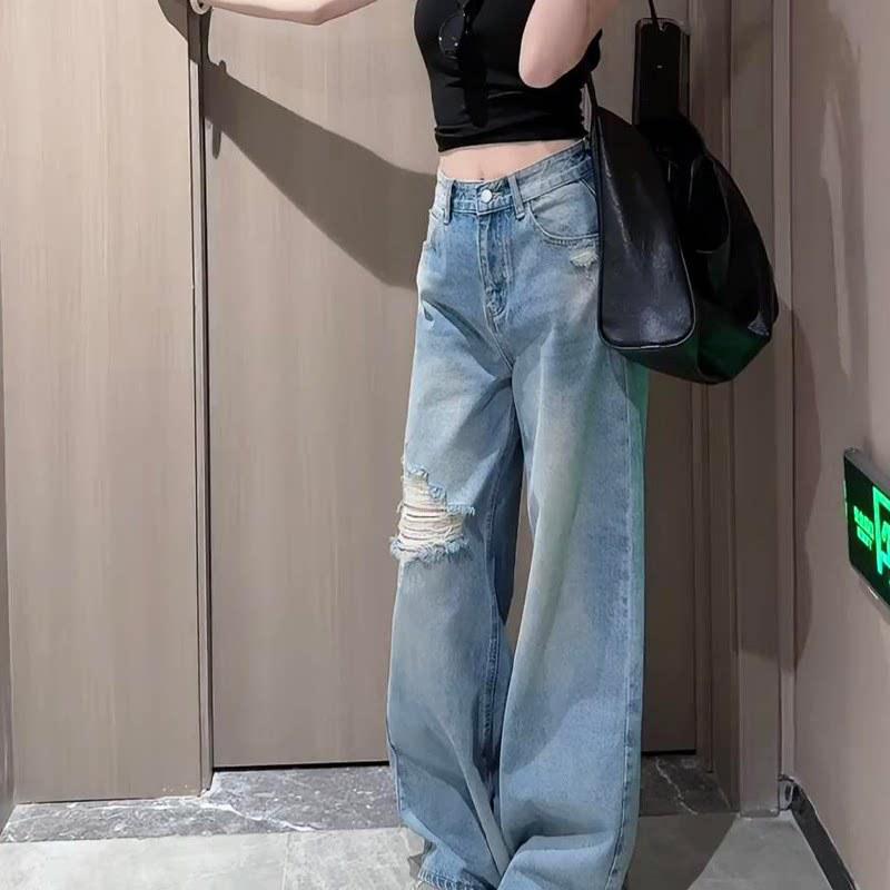 2026 High-Waisted Ripped Wide-Leg Jeans - Women's Spring Loose-Fit Floor-Length Pants