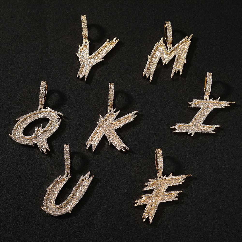 Copper Micro Pave Zircon Baguette Thorn Single Letter Pendant Necklace,Minimal Hip Hop Choker,Trendy Street Bling Clavicle Chain Jewelry for Men Women