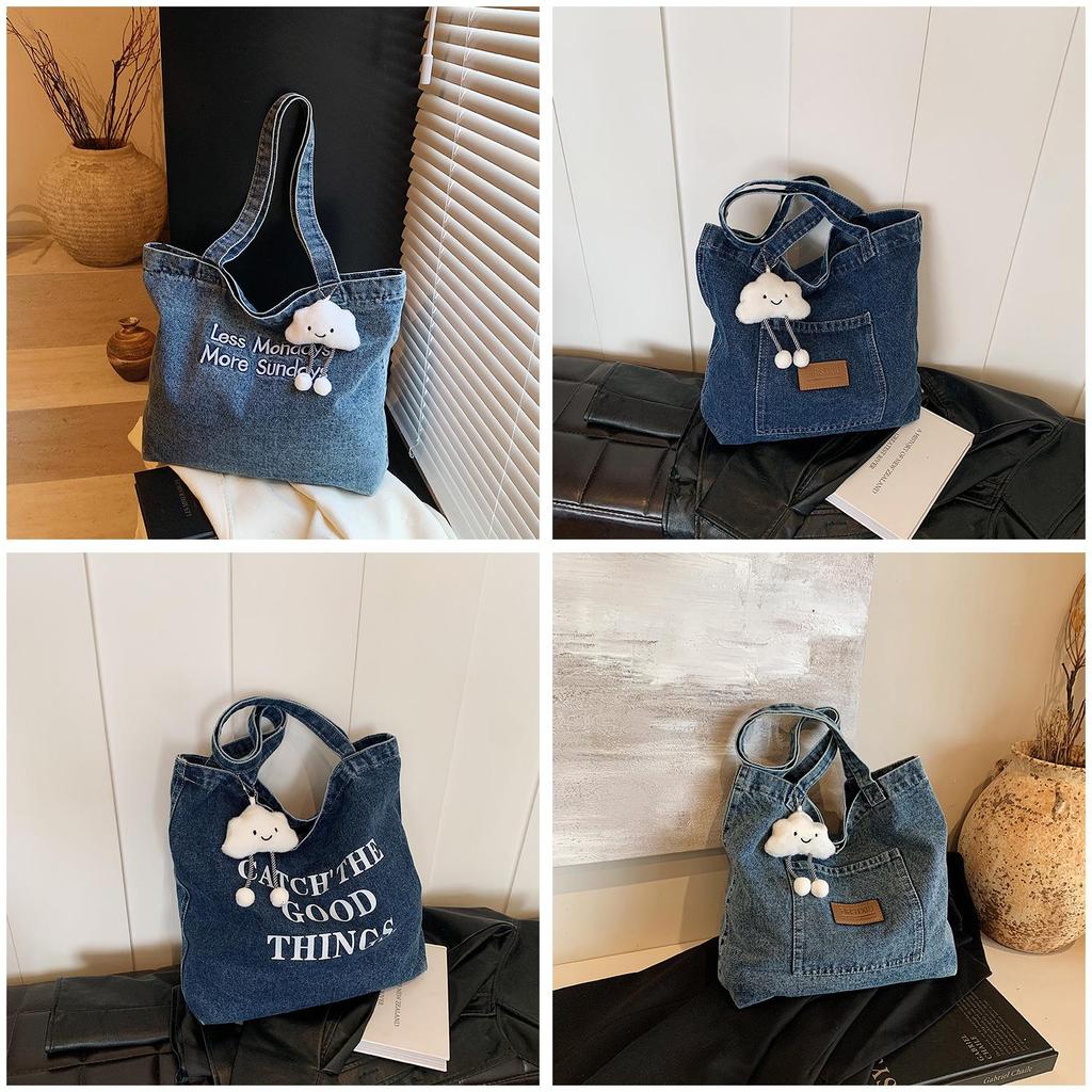 Large Capacity Denim Tote Bag With Car Stitching For Everyday Outfits