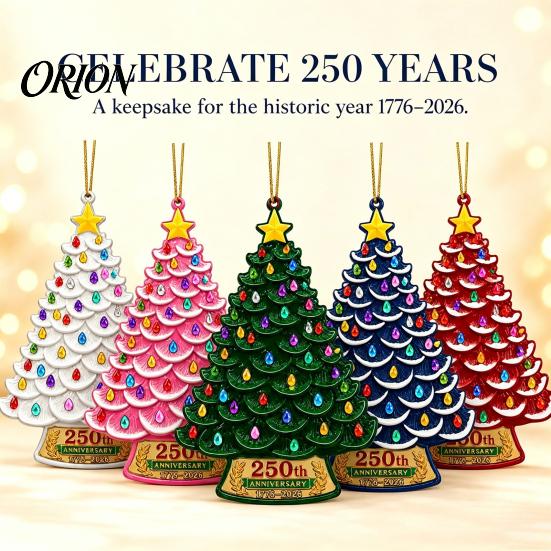 Christmas Tree Pendant 5 Pcs 2D Flat 250 Anniversary USA Ornament, Year Winter Holiday Party Favors of America 1776-2026 Acrylic Patriotic Hanging