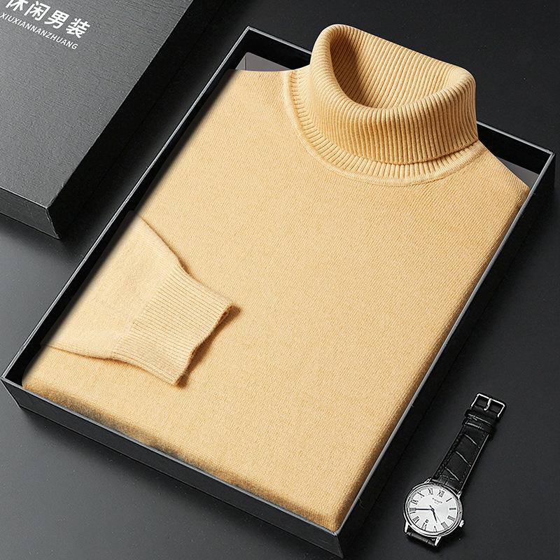 Men's High Neck Knit Sweater - Warm Solid Color Pullover for Middle-aged and Young Men