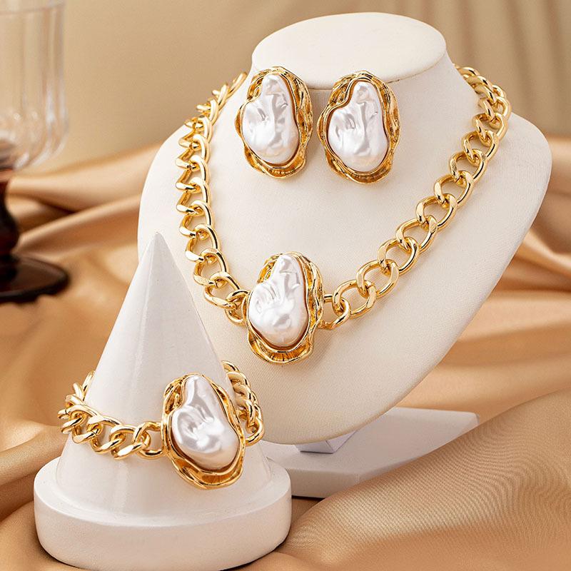 European and American Trend Special-shaped Pearl Set, Retro Luxury Temperament Necklace, Bracelet, Stud Earrings, Ring Set.