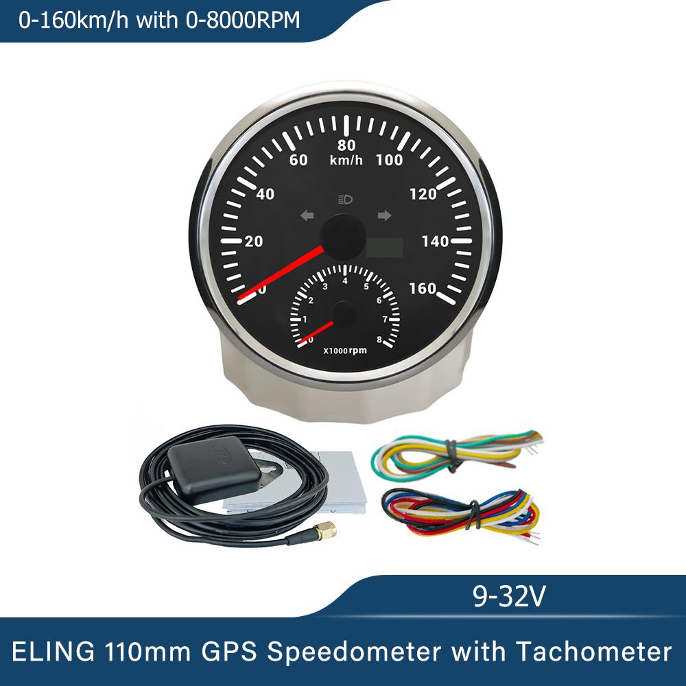 ELING Car 110mm GPS Speedometer 0-120K 0-200K 0-120M 0-160M with 8000RPM Tachometer with Red Backlight for Yacht Trucks 12V 24V