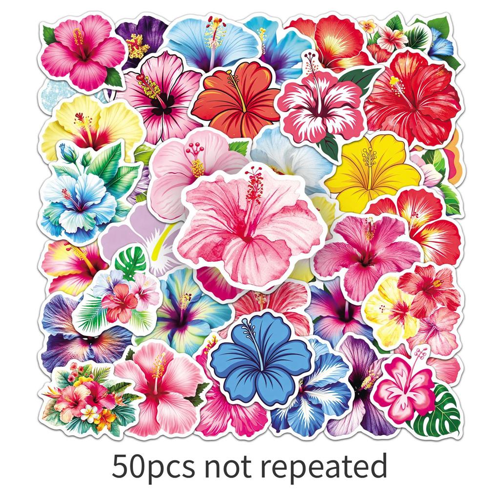 50 Tropical Hibiscus Flower Stickers - Waterproof Colorful Decorations for Water Bottles