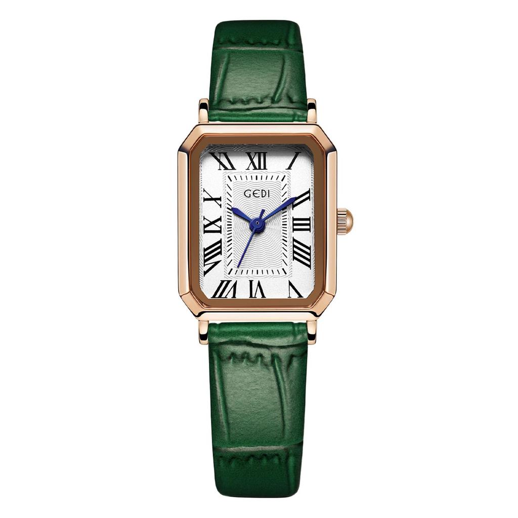 Gedi Women's Gold Square Retro Roman Numeral Leather Strap Quartz Watch – Artistic Daily Gift