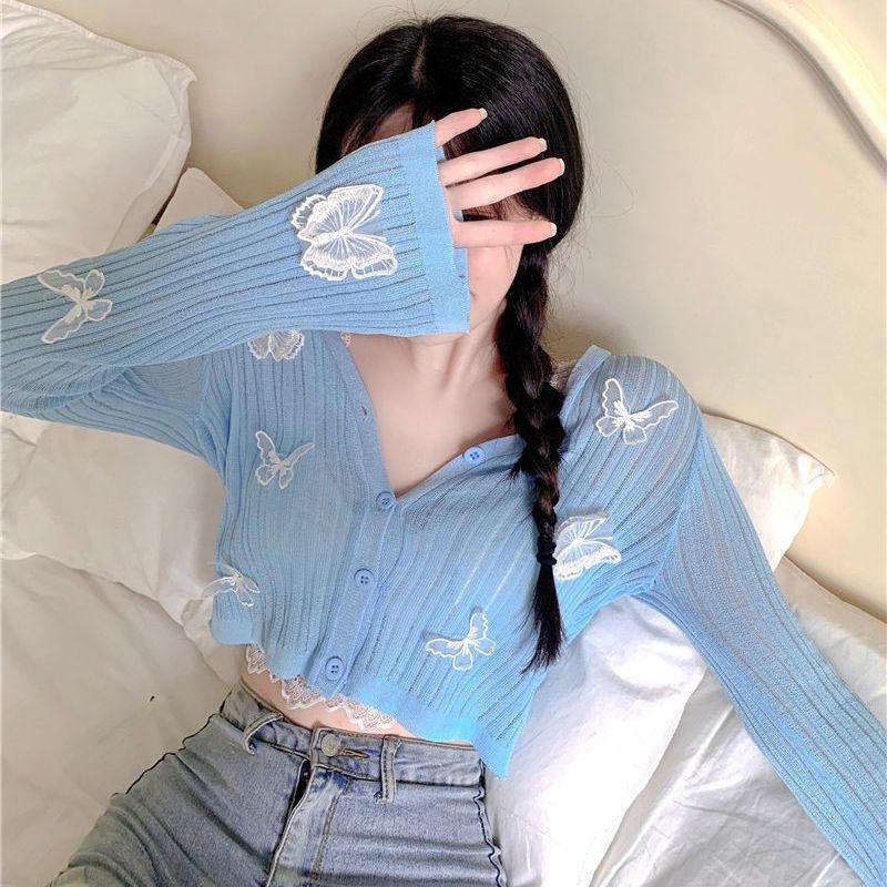 Butterfly Knit Cardigan Women Korean Sexy Short Cardigan Summer Sunscreen Long-sleeved Jacket Knitted Crop Top