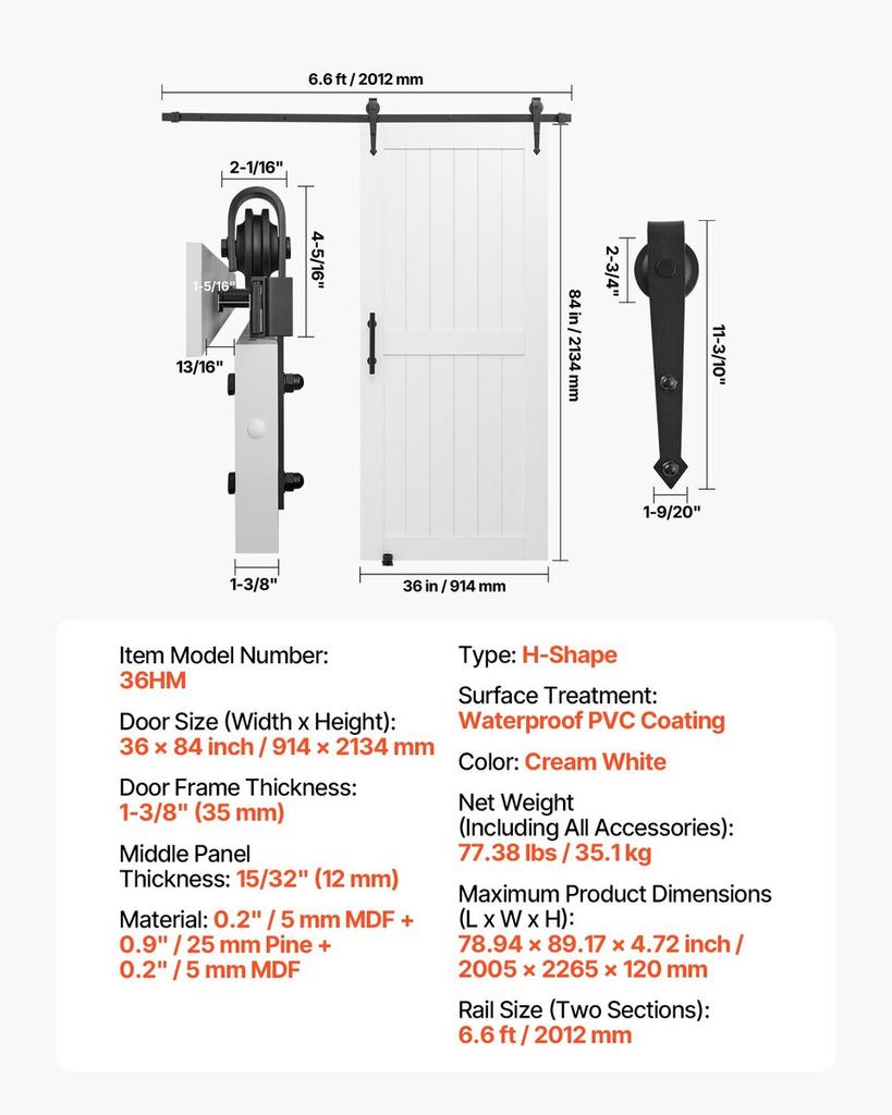 Sliding Barn Door with Hardware Kit 914 X 2134mm MDF Panel PVC Surface
