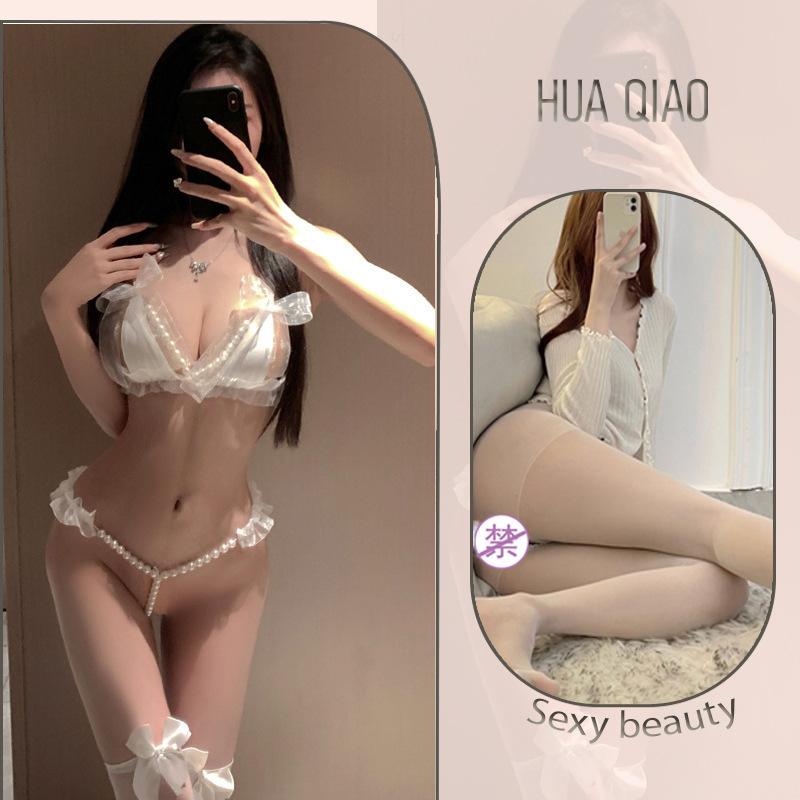 Sexy lingerie sexy lace three-point small chest shows big pearl seduction thong no-take suit female tease