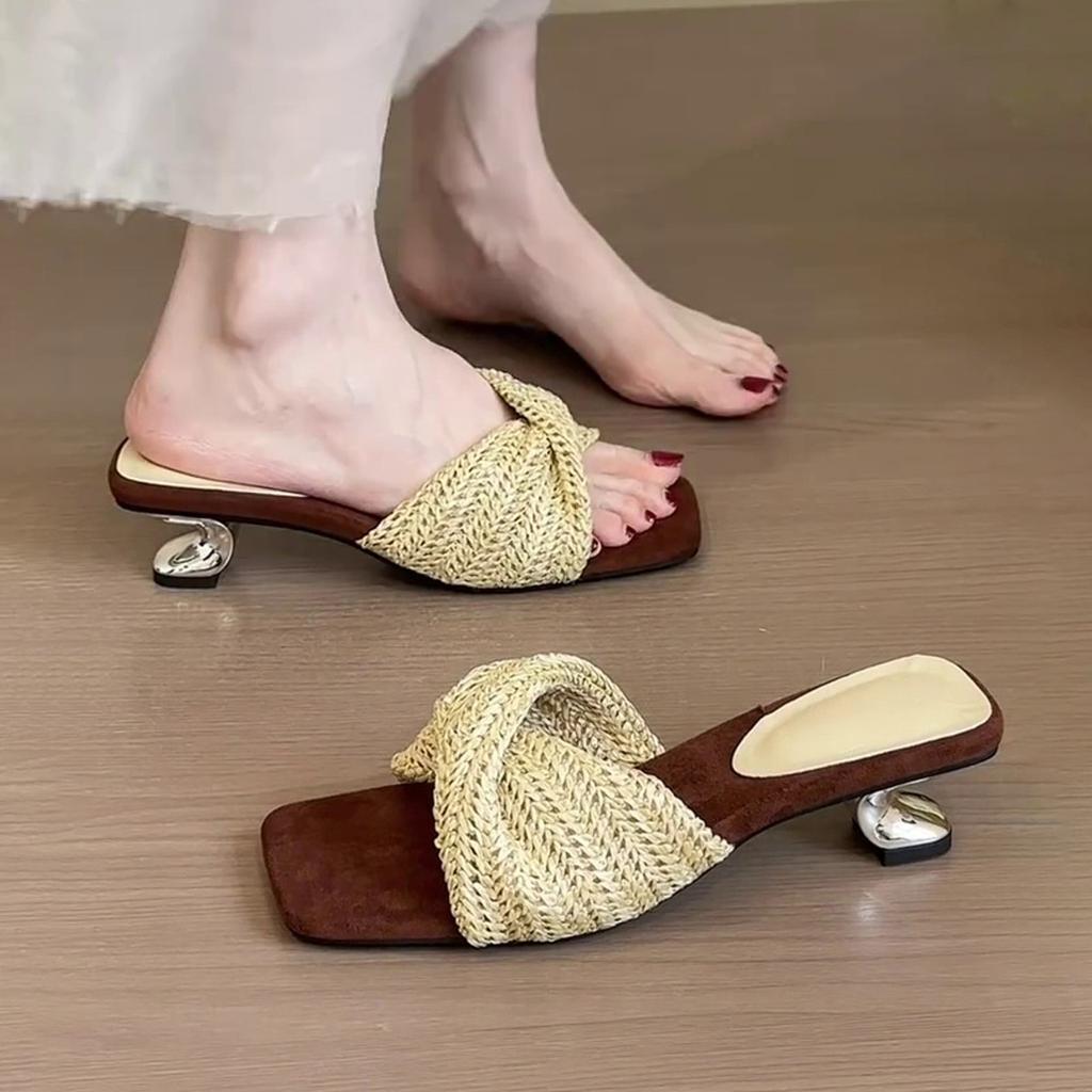Kwadratowa głowa plecione słowo na wysokim obcasie fajne kapcie temperament retro styl wakacyjny sandały damskie