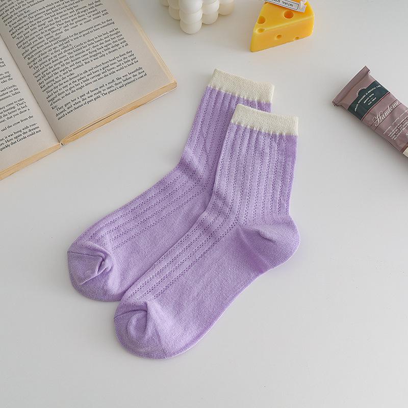 Korean Style Summer Thin Mesh Mid-Tube Cotton Socks In Pastel Colors