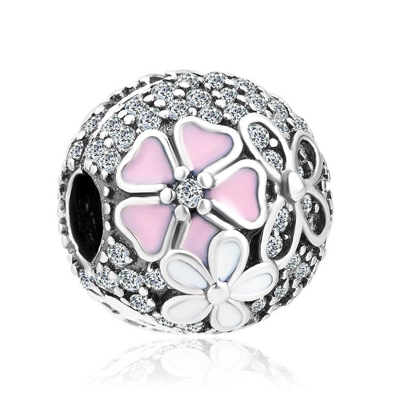 Pink 925 Silver Heart Dangle Charm Beads Flower Pendant DIY Jewelry Fit Original Bracelet Bangle