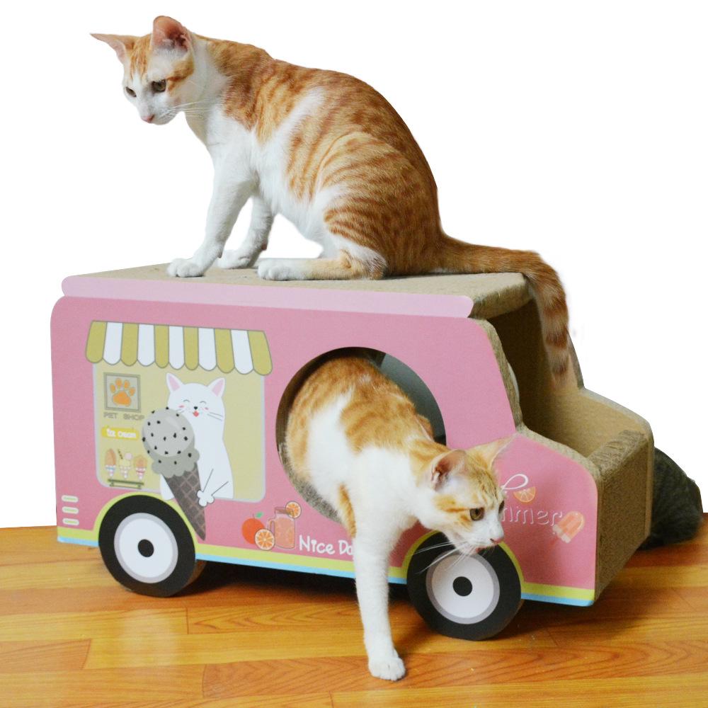 Großes Wellpappe-Katzenbett & Kratzmöbel - Designs als Schulbus & Eiswagen mit Krallenpflege-Funktion 60x26.5x34cm