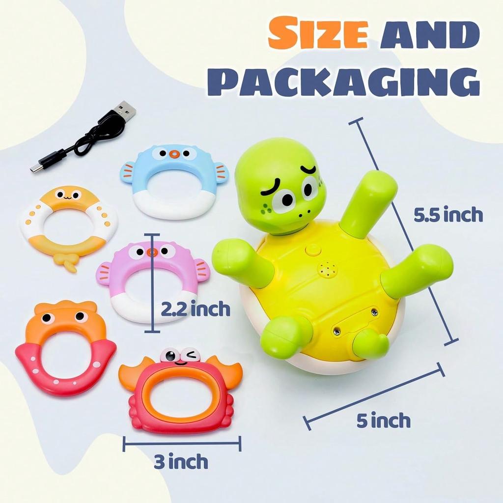 Electric Spraying Turtle Bath Toy,Rechargeable Fountain Pool Learning Set With 5 Stacking Rings,Rotating Water Jets For Toddlers 18M-6 Years,