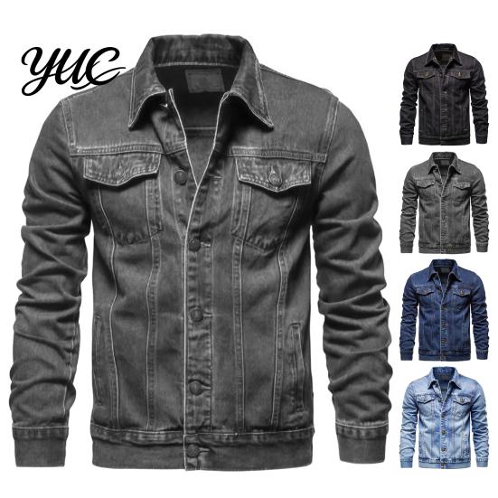 Solid Color Trucker Jacket Men Denim Jacket, Turndown Collar Button-Down Coat, Multi Pocket Retro Motorcycle Style Apparel Casual for Hip Hop