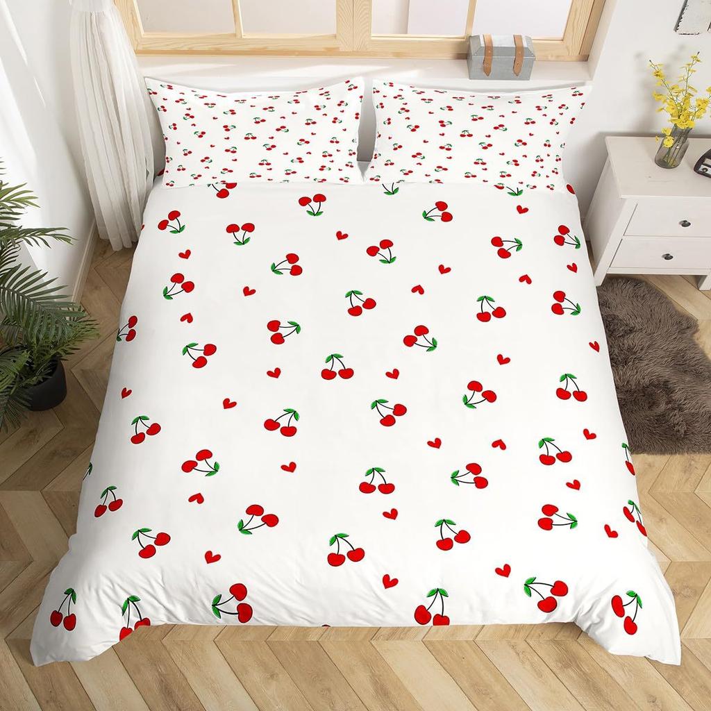 Red Cherry Printed Bedding Set Cartoon Tropical Fruit Duvet Set Three-Piece Set