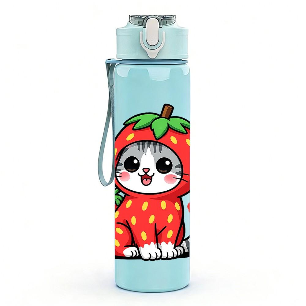 1PC Strawberry Hood Cat Cartoon 750ml Color Plastic Sports Water Bottle Leakproof Flip Straw Lid Suitable for Sports Office Home Use