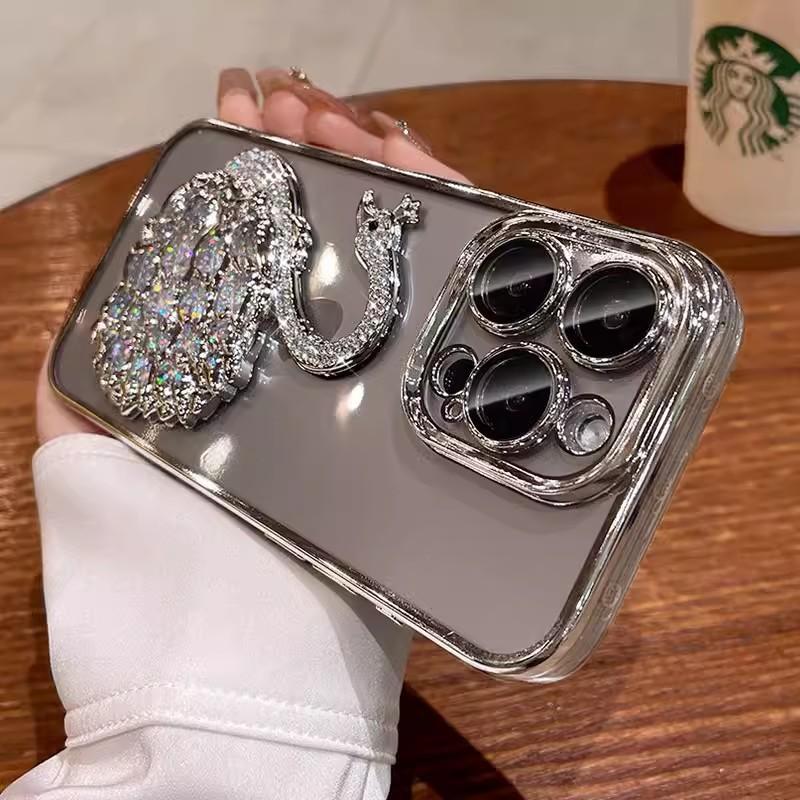 A Fully Transparent 14 Protective Case Suitable for IPhone16 Phone Cases, Featuring "Swan's Love" with Sand and Diamonds and "Apple 15pro"