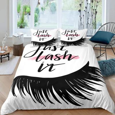 Wimper Bettbezug King Queen Cartoon Romantische Frau Geschlossene Augen Lange Wimpern Bettwäscheset Englische Wörter Polyester Steppdeckenbezug