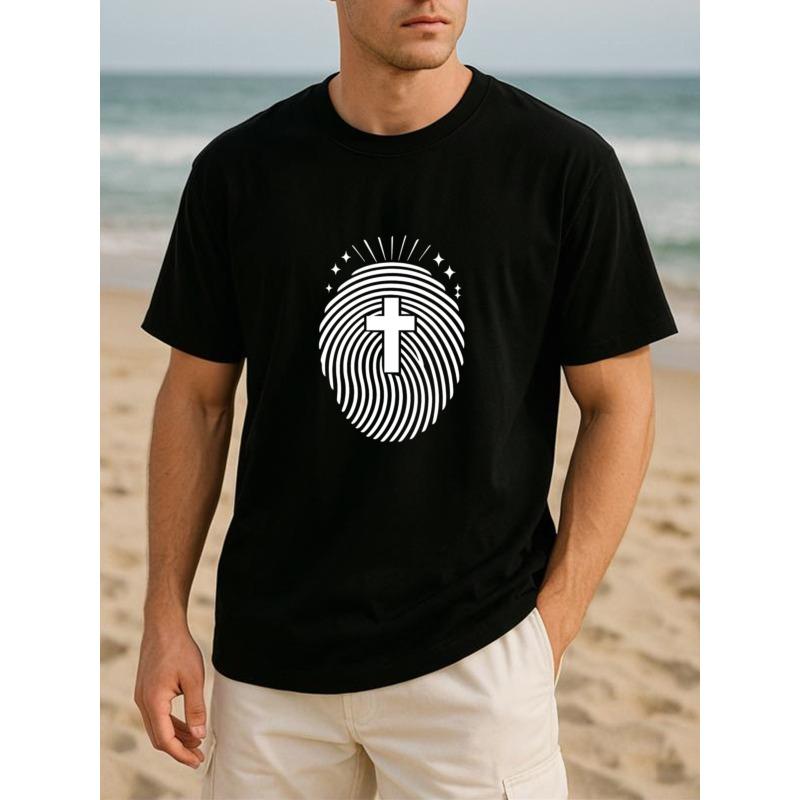 

European Size Cross Fingerprint Starlight Print, Suitable for Daily and Home Wear, Men s Casual Short-sleeved Round-neck Pattern Printed T-shirt 4XL чорний