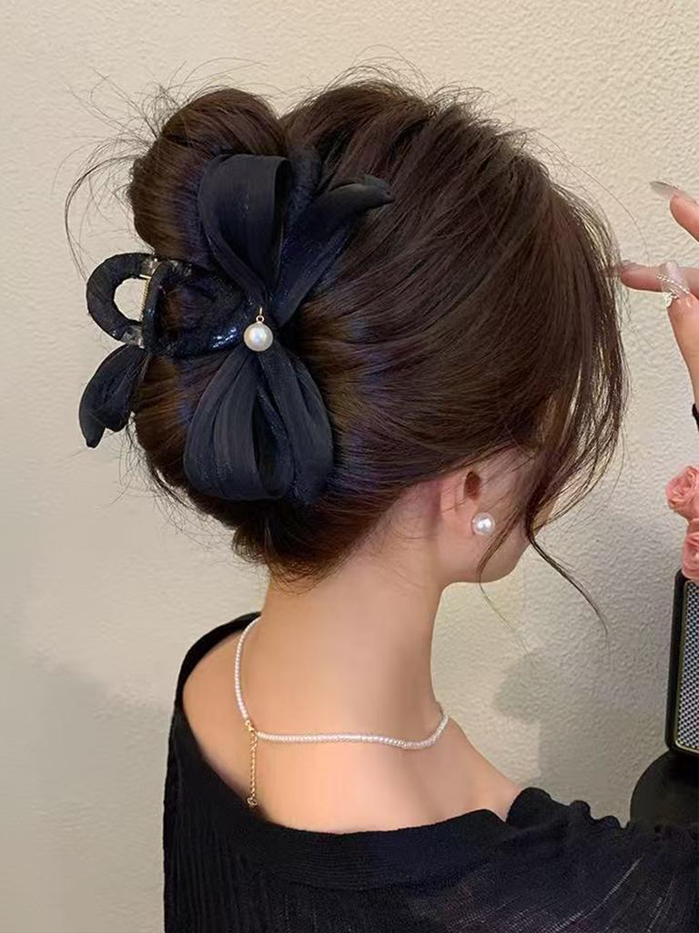 1pc elegant imitation pearl pleated bow large back of the head pan hair grip clip, suitable for daily leisure, travel and party