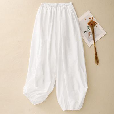 2025 Summer New Solid Color Cotton and Linen Bloomers Women's Lazy, Loose and Elastic Waist Nine-point Casual Pants