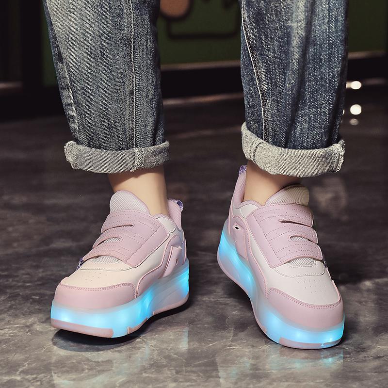 Kid's Roller Skates Removable Flat Charging LED Four Wheels Glowing Sports Shoes Pink Women's Glowing Sneakers