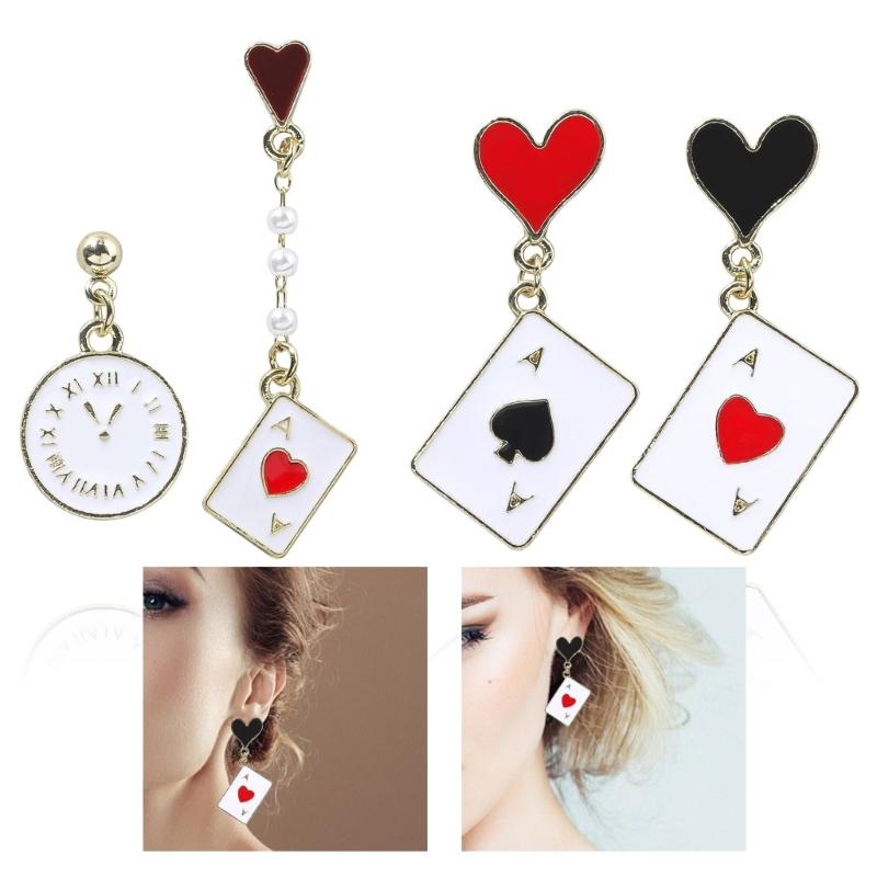 2 Pairs Trendy Clock Poker Card Drop Earrings Asymmetric Ear Accessories Stylish Earwear for Festivals and Gatherings