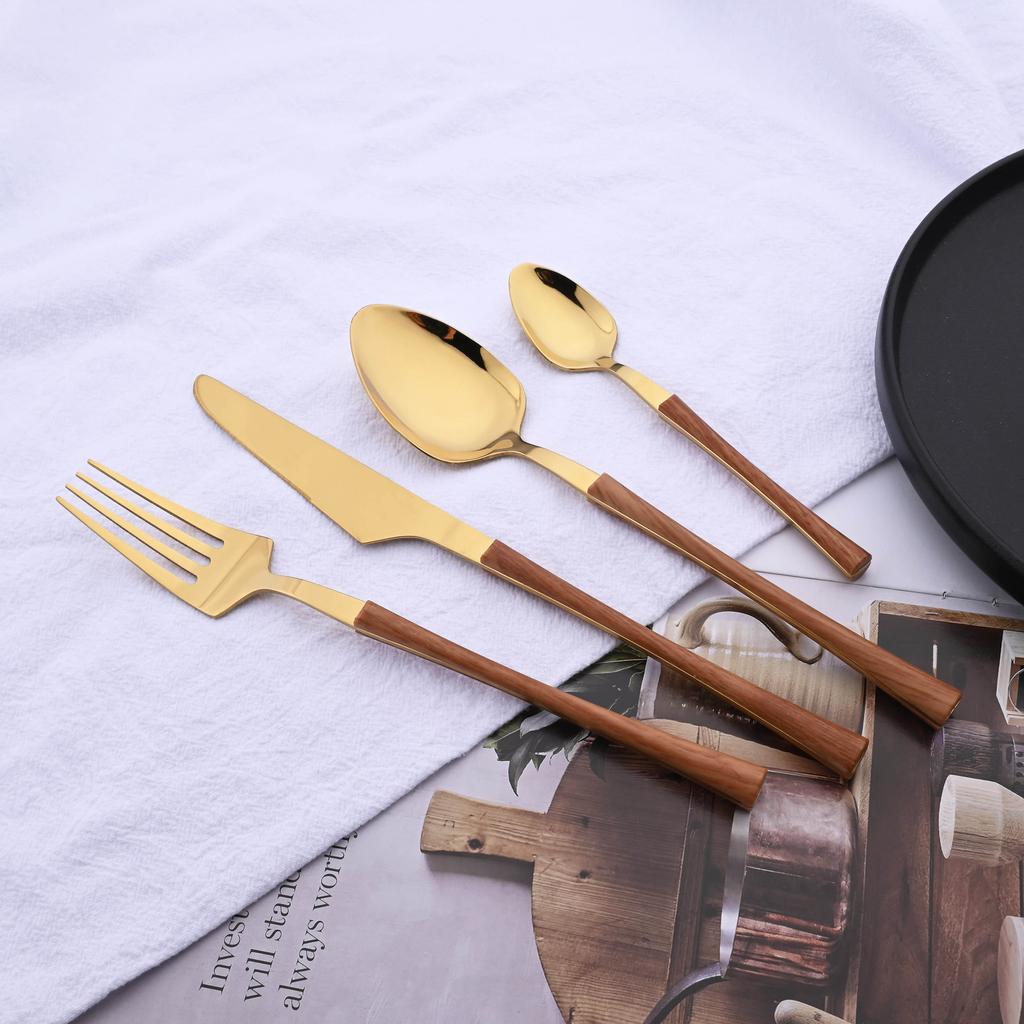 Tableware Dinnerware Set Stainless Steel Knives Forks Spoons with Wood Grain Effect Handle Kitchen Cutlery Flatware Dinner Set