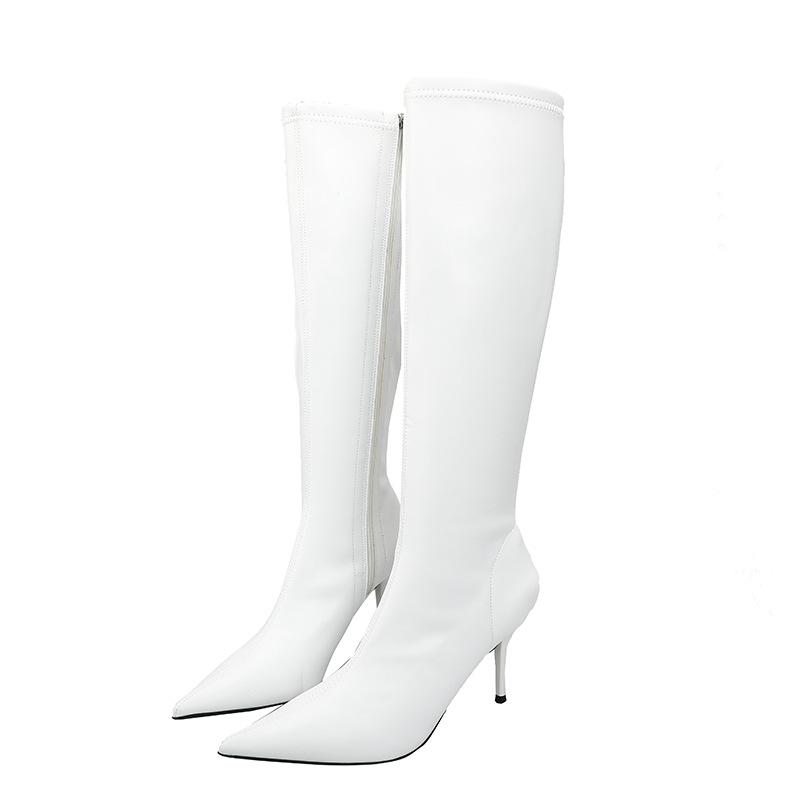 

A3212-66 Color boots European and American style fine heel pointed head square heel side zipper high heel women s boots fleece thin leather boots 35 белый