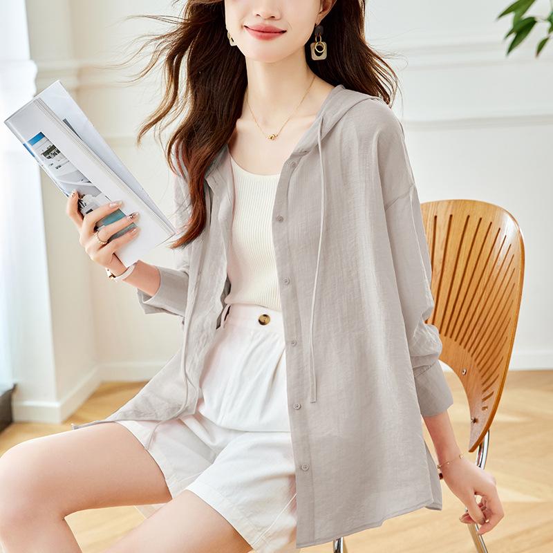 Cămașă subțire cu glugă și mâneci lungi în stil leneș, haine de protecție solară pentru primăvara femeilor, top nou larg